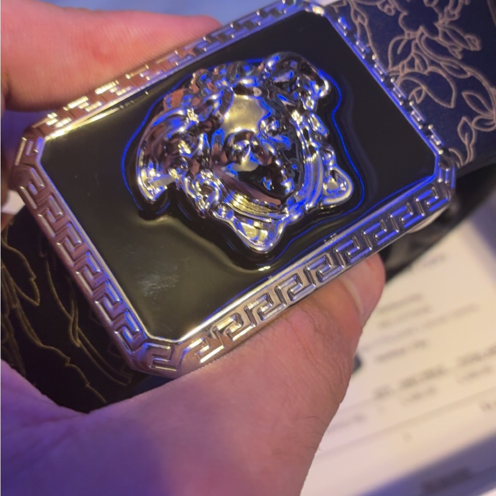 Versace Men's Belt with Black and Silver Medusa Buckle